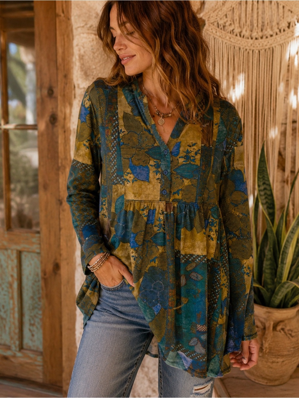 Peruvian Connection Small Patchwork Floral Cotton Tunic Top Boho Cottagecore